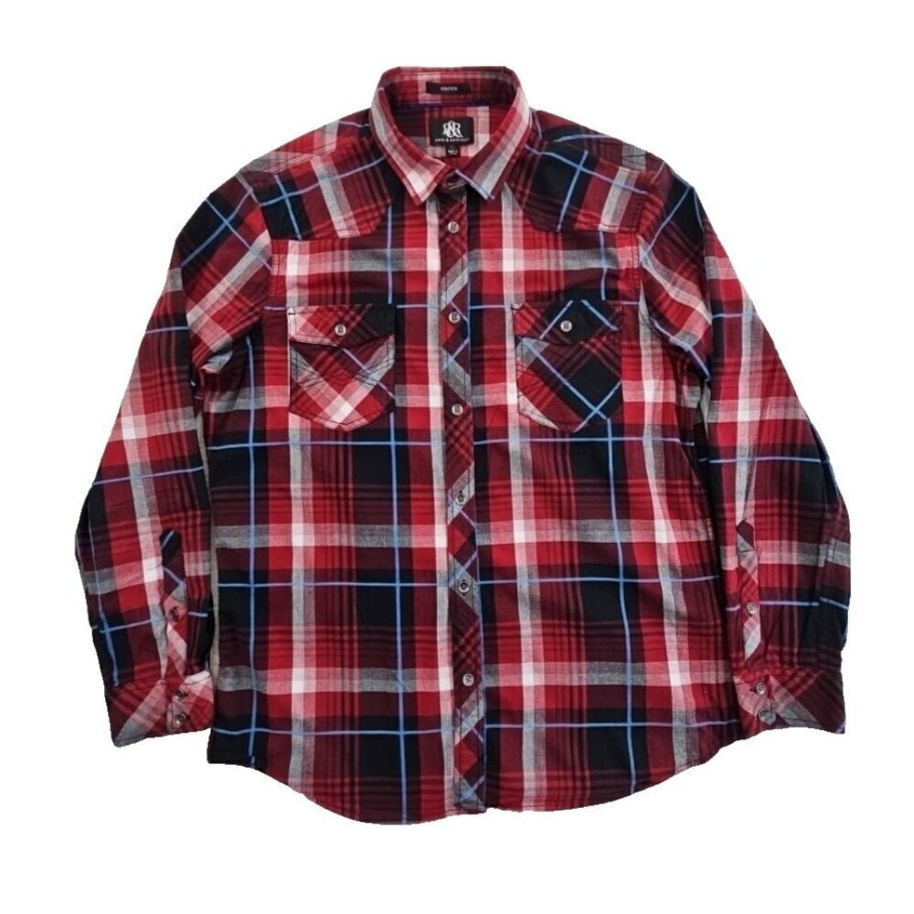 Rock & Republic Western Shirt Men's XL Red Stretch Plaid Long Sleeve Button-Up